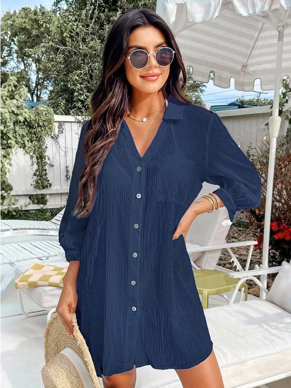 That's So Deep Blue Cover-Up Mini Dress Navy Swim Cover-Up Shirt Large New